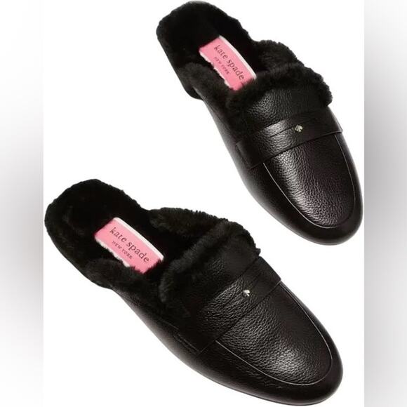 kate spade Shoes - Kate Spade Caelyn Black Leather Faux Fur Lined Slip On Mules Flats Size 7.5